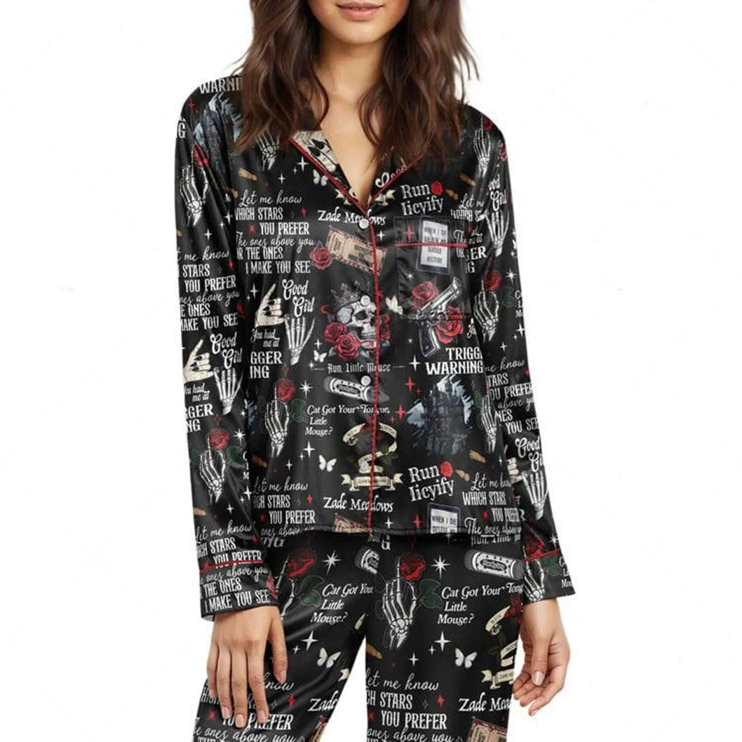 Run Little Mouse Haunting Adeline Short Sleeve Satin Pajama Set For Women