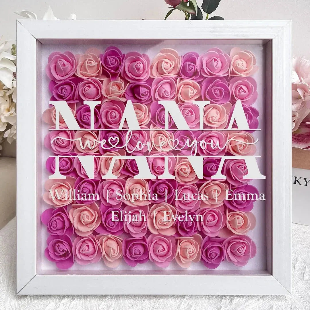 Personalized Flower Heart Shadow Box , Custom Name Rose Frame , Flower Shadowbox For Mom
