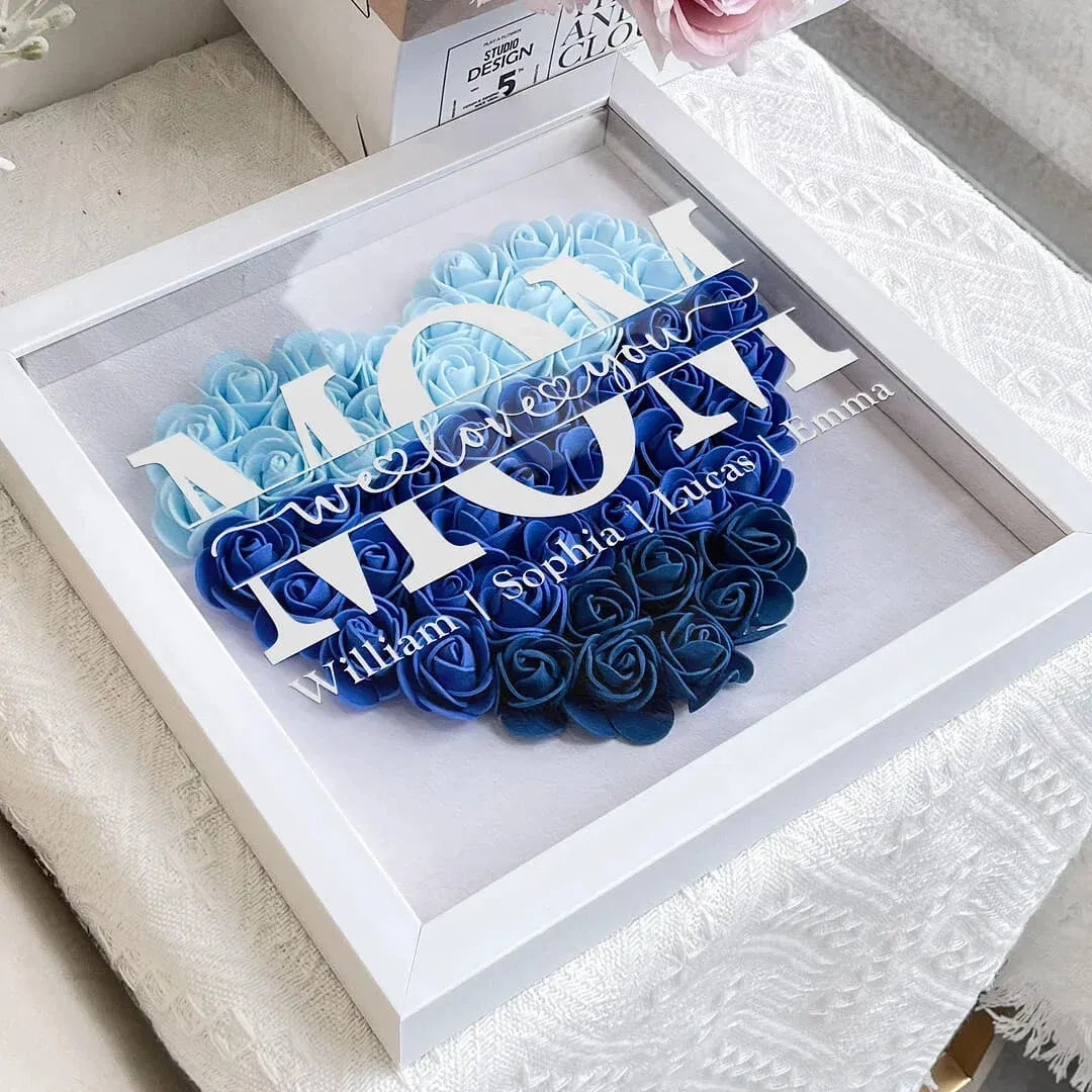 Personalized Flower Heart Shadow Box , Custom Name Rose Frame , Flower Shadowbox For Mom