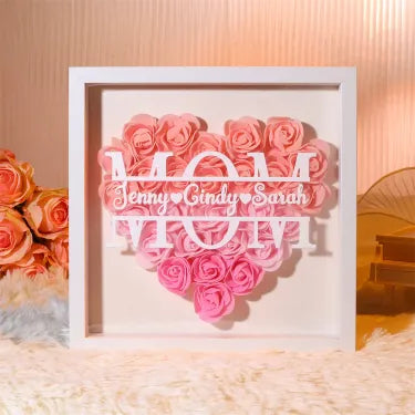 Personalized Flower Heart Shadow Box , Custom Name Rose Frame , Flower Shadowbox For Mom