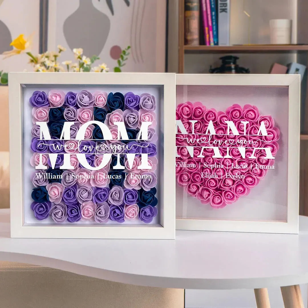 Personalized Flower Heart Shadow Box , Custom Name Rose Frame , Flower Shadowbox For Mom