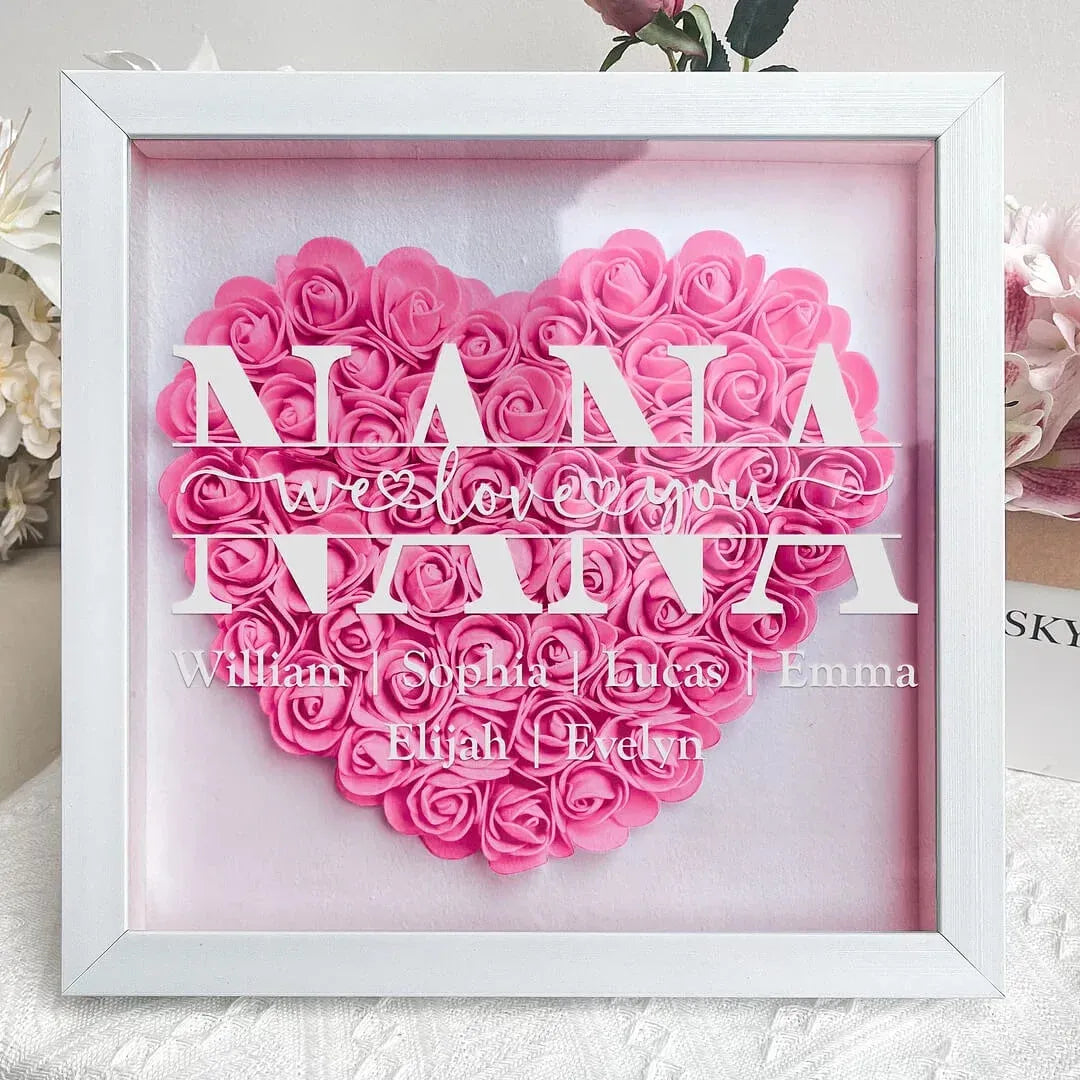 Personalized Flower Heart Shadow Box , Custom Name Rose Frame , Flower Shadowbox For Mom