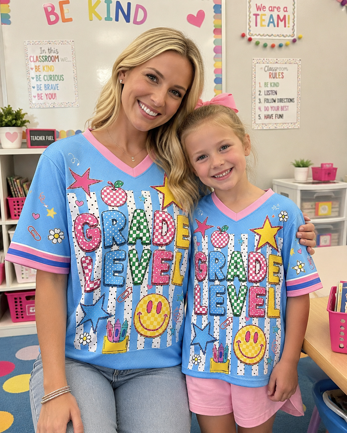 Striped Blue Back To School Smiley Teacher Mesh Jersey
