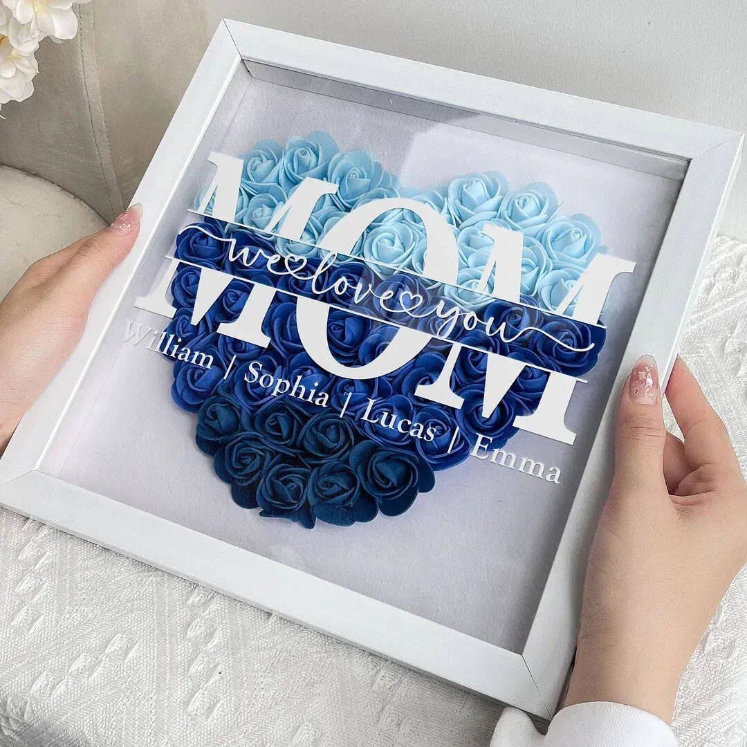 Personalized Flower Heart Shadow Box , Custom Name Rose Frame , Flower Shadowbox For Mom