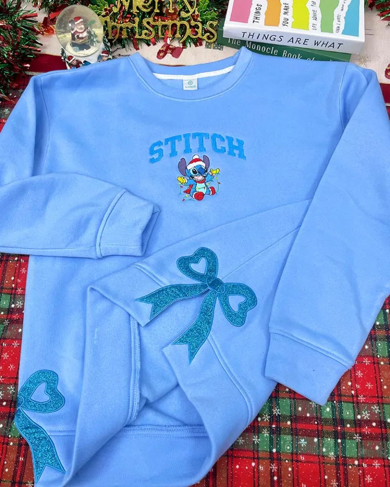 Stitch and Angel Christmas Sided Bow Embroidered Sweatshirt