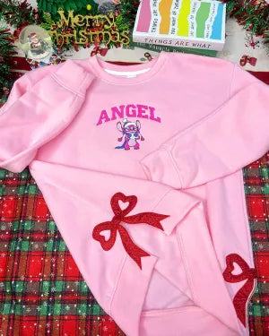 Stitch and Angel Christmas Sided Bow Embroidered Sweatshirt