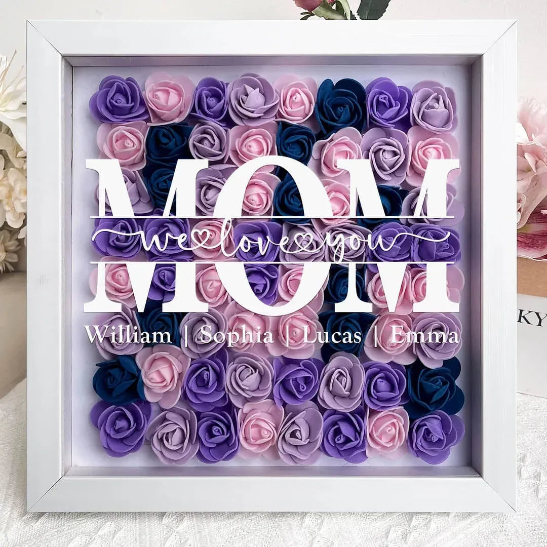 Personalized Flower Heart Shadow Box , Custom Name Rose Frame , Flower Shadowbox For Mom