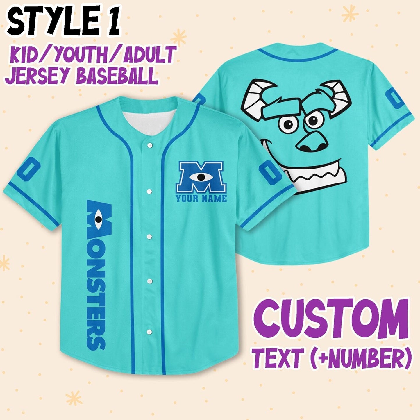 Custom Monster Disney Baseball Jersey for Kids, Youth, Adult