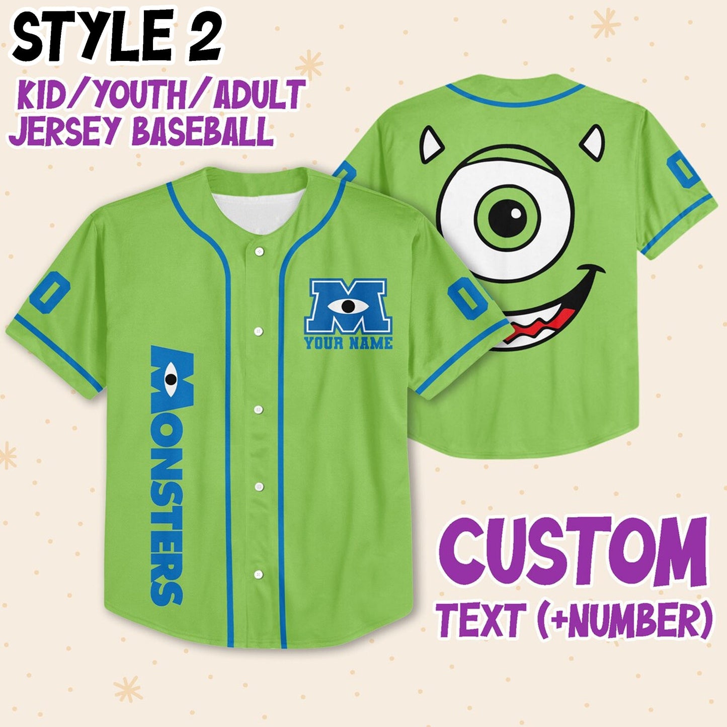 Custom Monster Disney Baseball Jersey for Kids, Youth, Adult