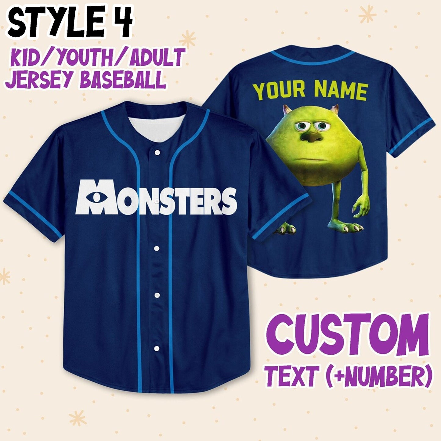 Custom Monster Disney Baseball Jersey for Kids, Youth, Adult