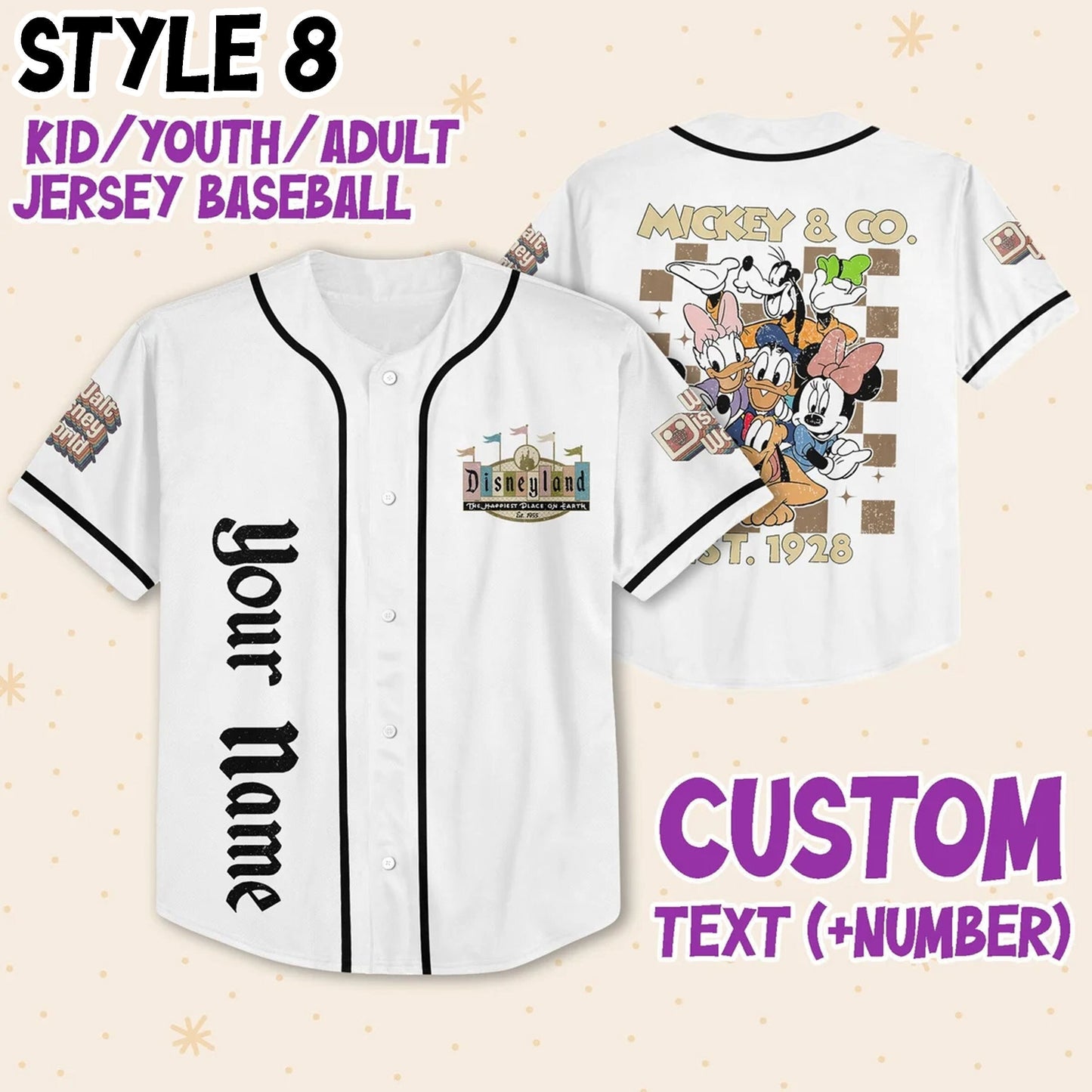 Team Disneyland Baseball Jersey for Kids, Youth, Adult