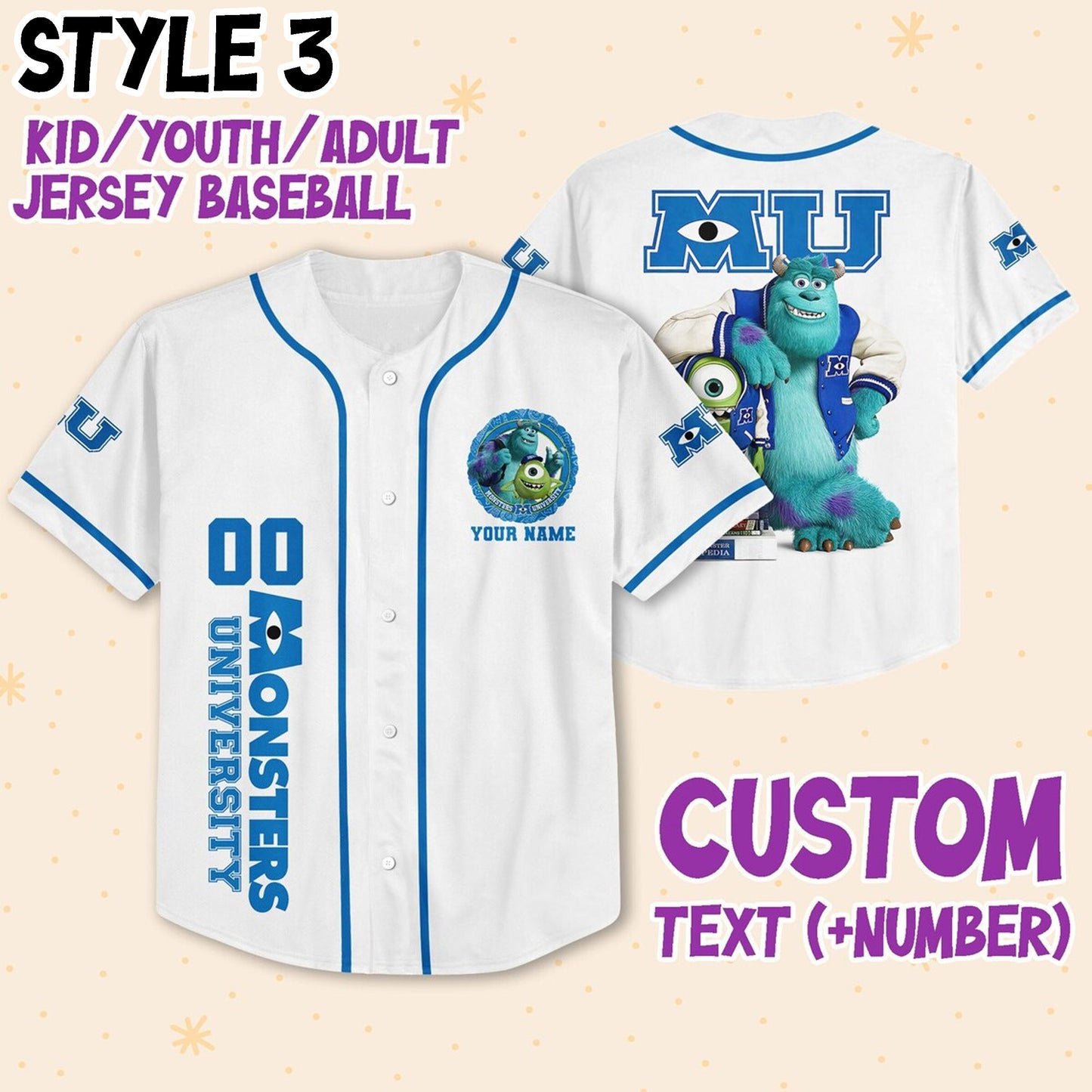 Custom Monster Disney Baseball Jersey for Kids, Youth, Adult