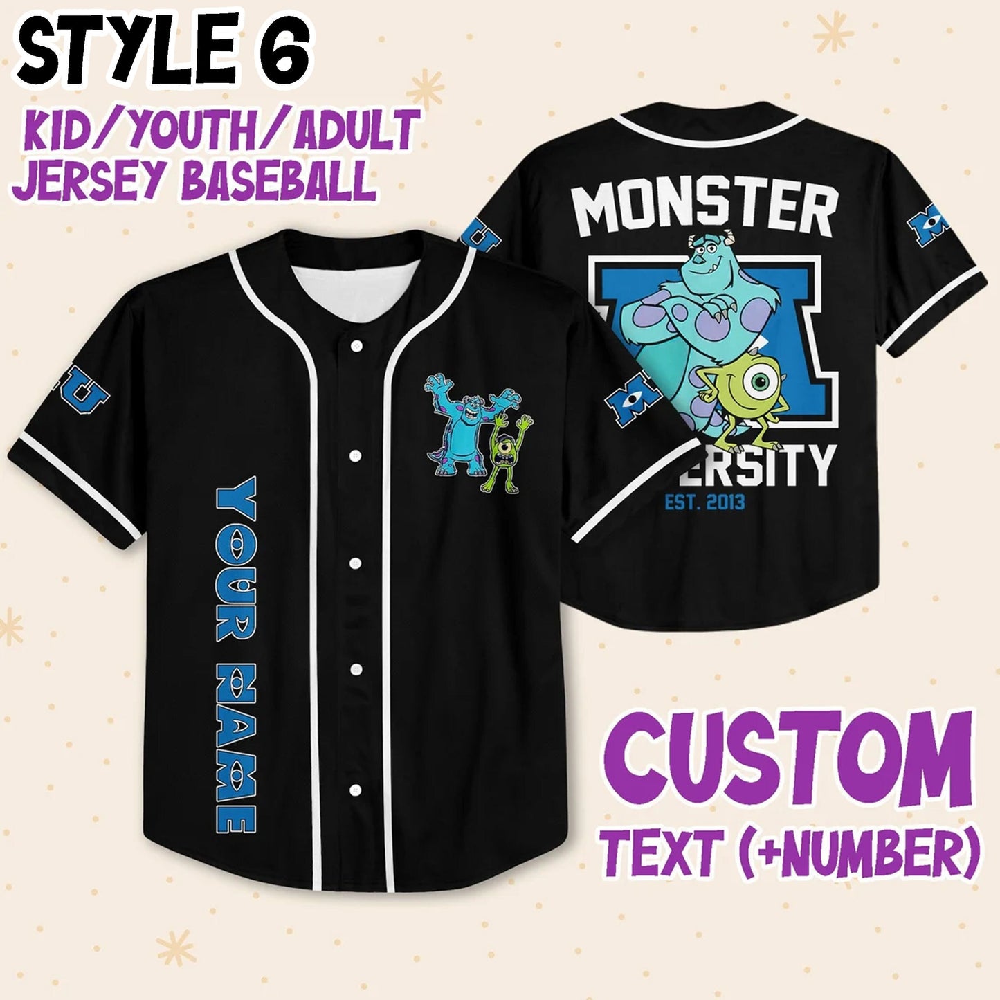 Custom Monster Disney Baseball Jersey for Kids, Youth, Adult