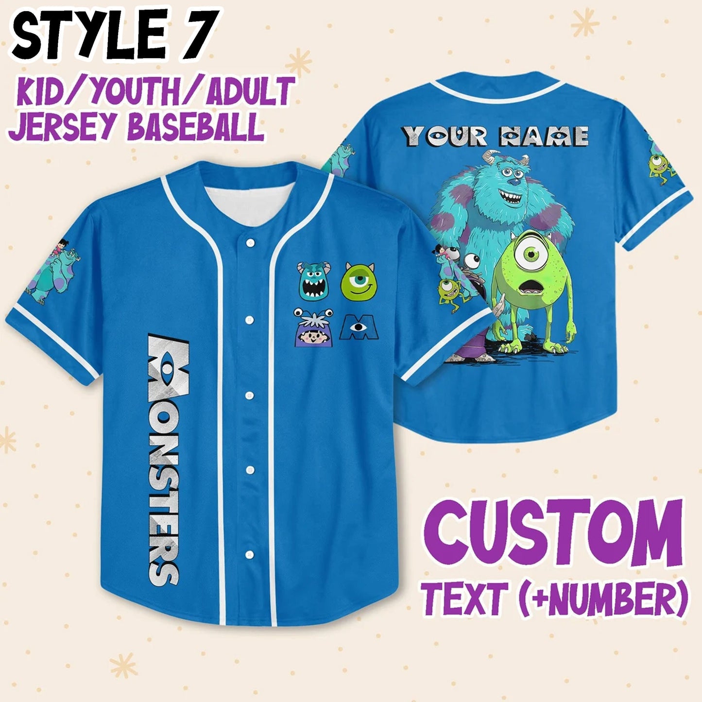 Custom Monster Disney Baseball Jersey for Kids, Youth, Adult