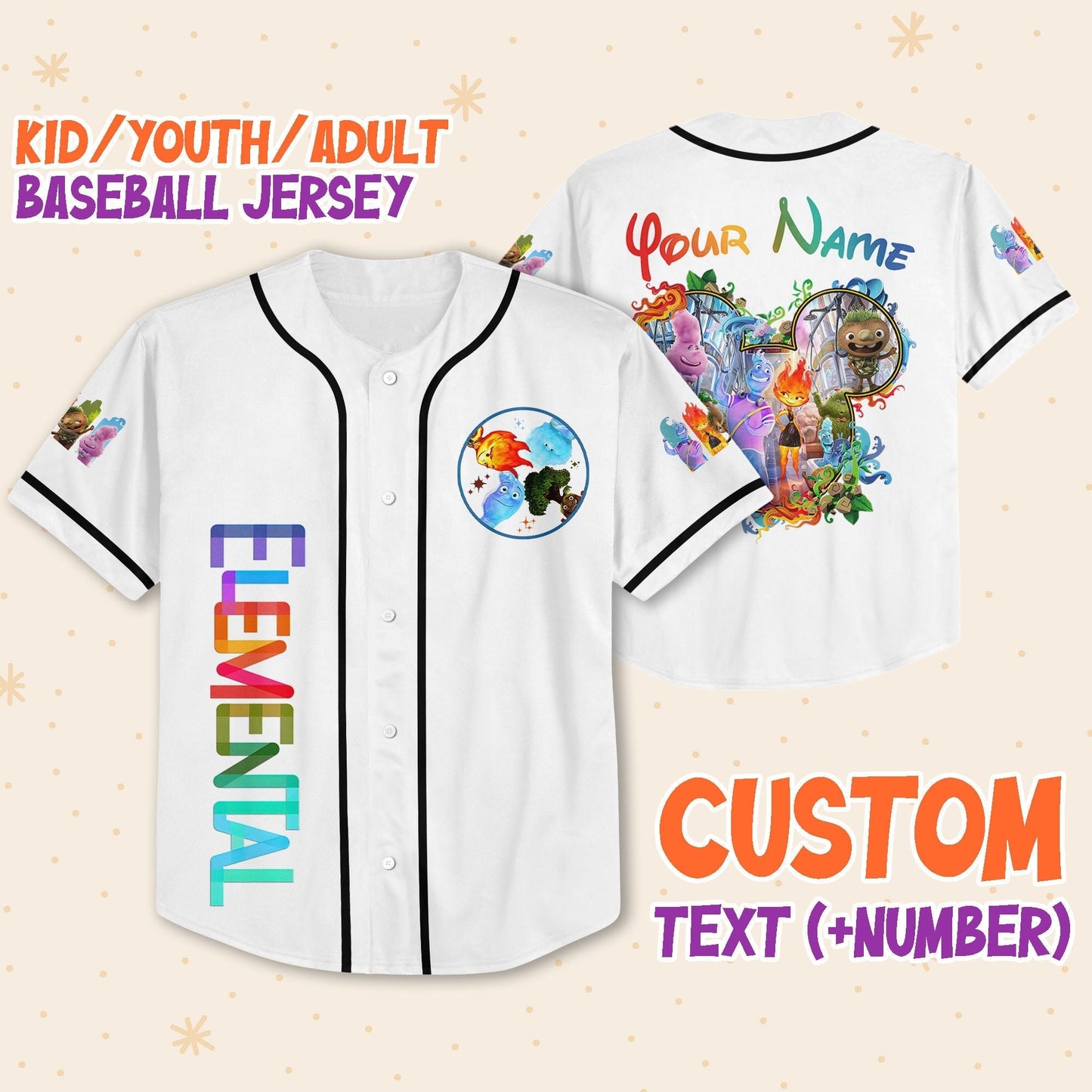Personalize Disney Pixar Elenmental Mickey Head Jersey for Kids, Youth, Adult
