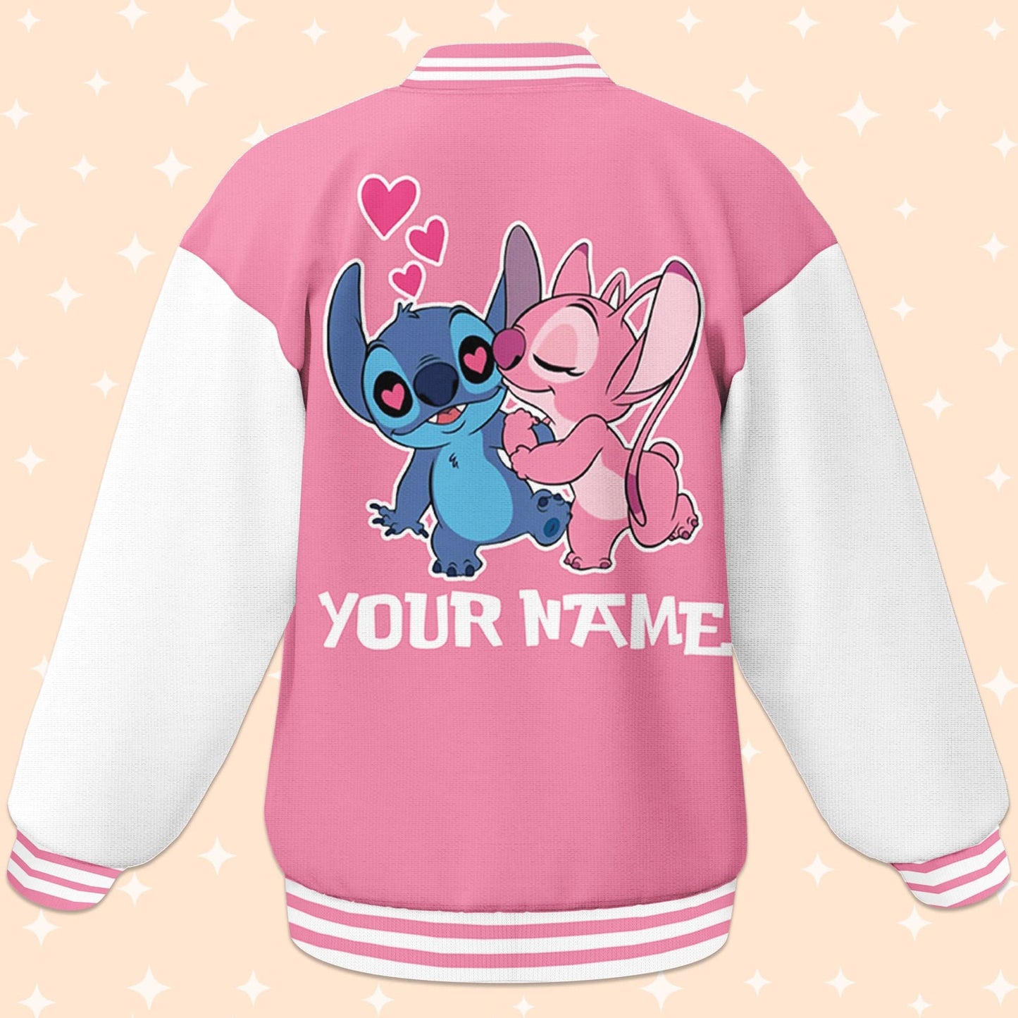 Custom Stitch and Angel Couple Pink Varsity Jacket