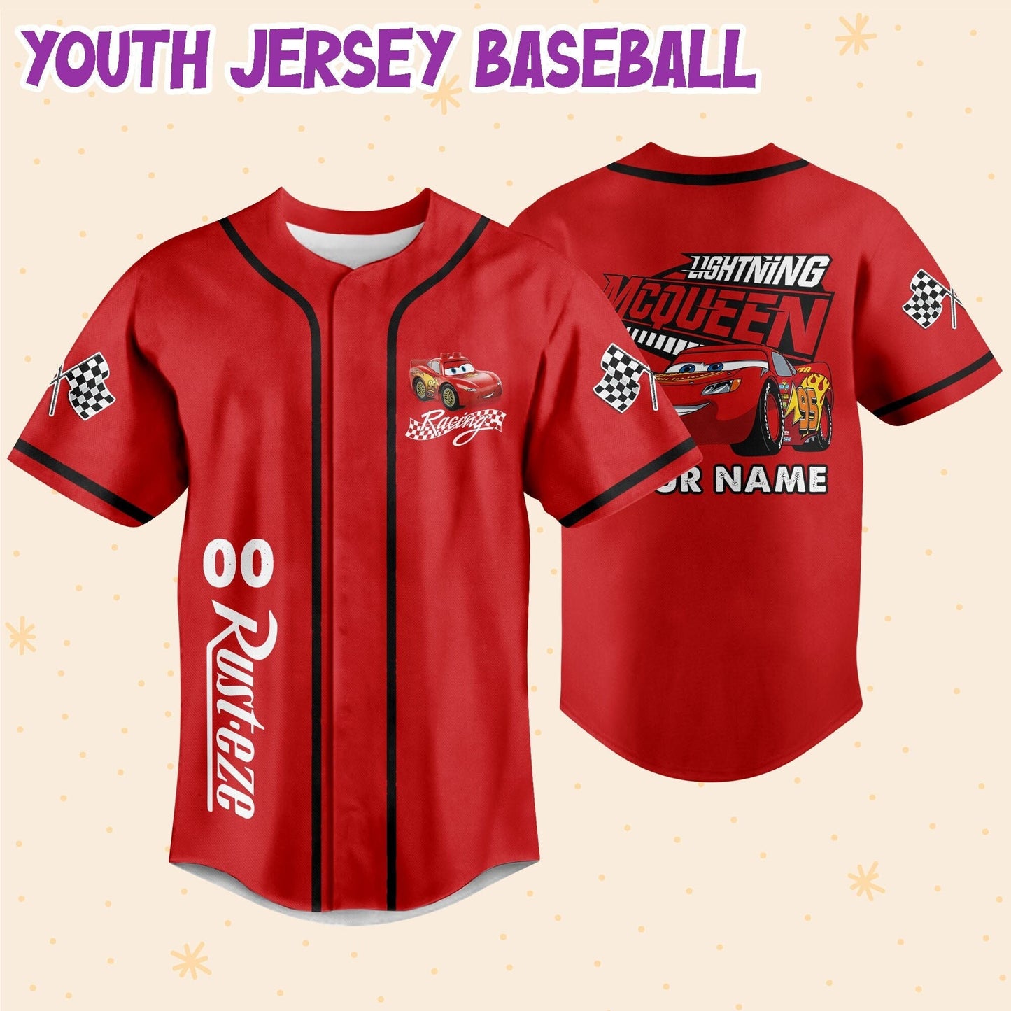 Personalize Lightning Mcqueen Disney Baseball Jersey for Kids, Youth, Adult