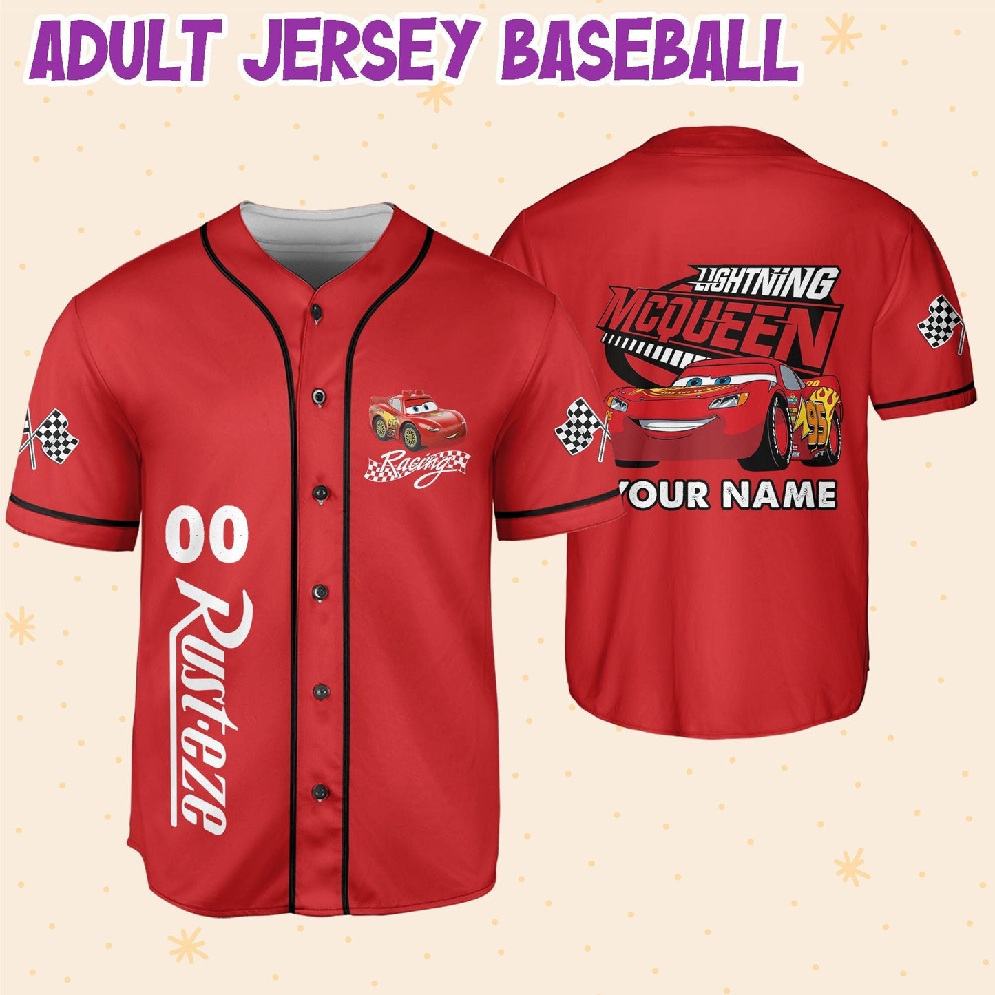 Personalize Lightning Mcqueen Disney Baseball Jersey for Kids, Youth, Adult