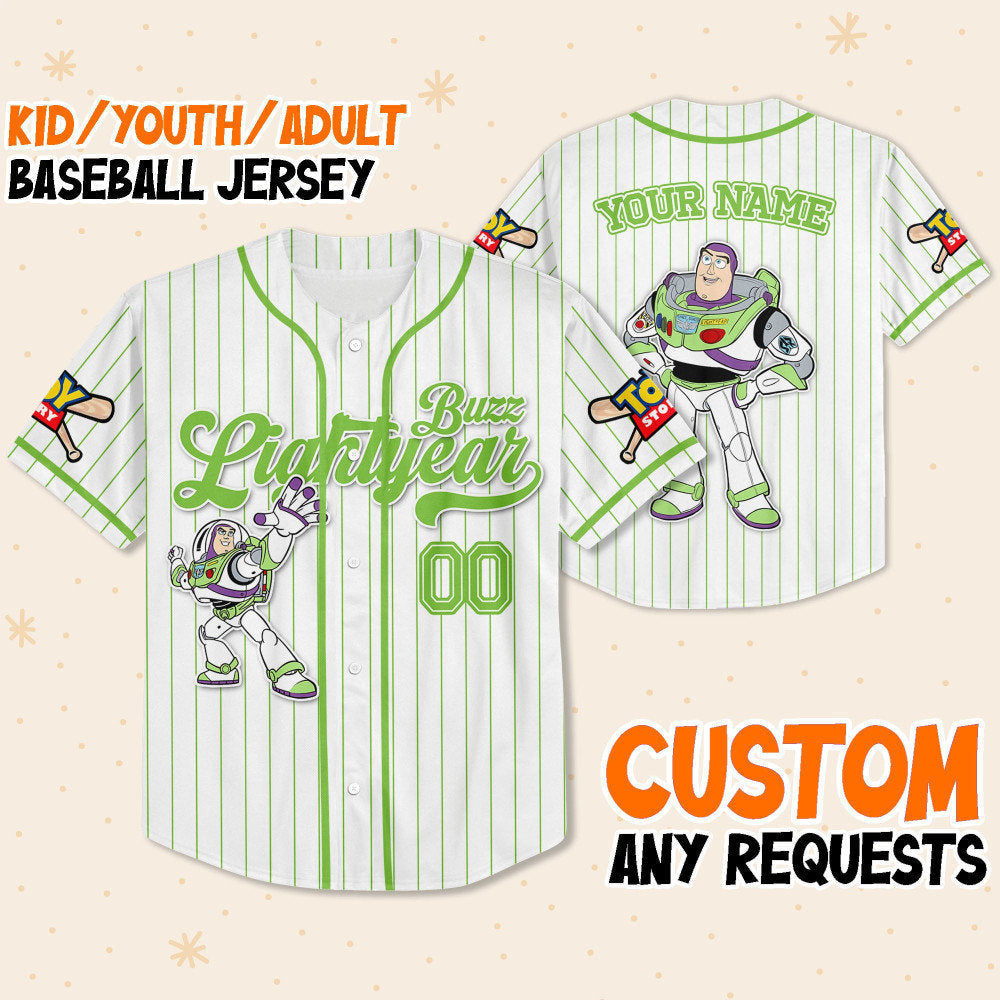 Custom Disney Toy Story Buzz Lightyear Baseball Jersey for Kids, Youth, Adult
