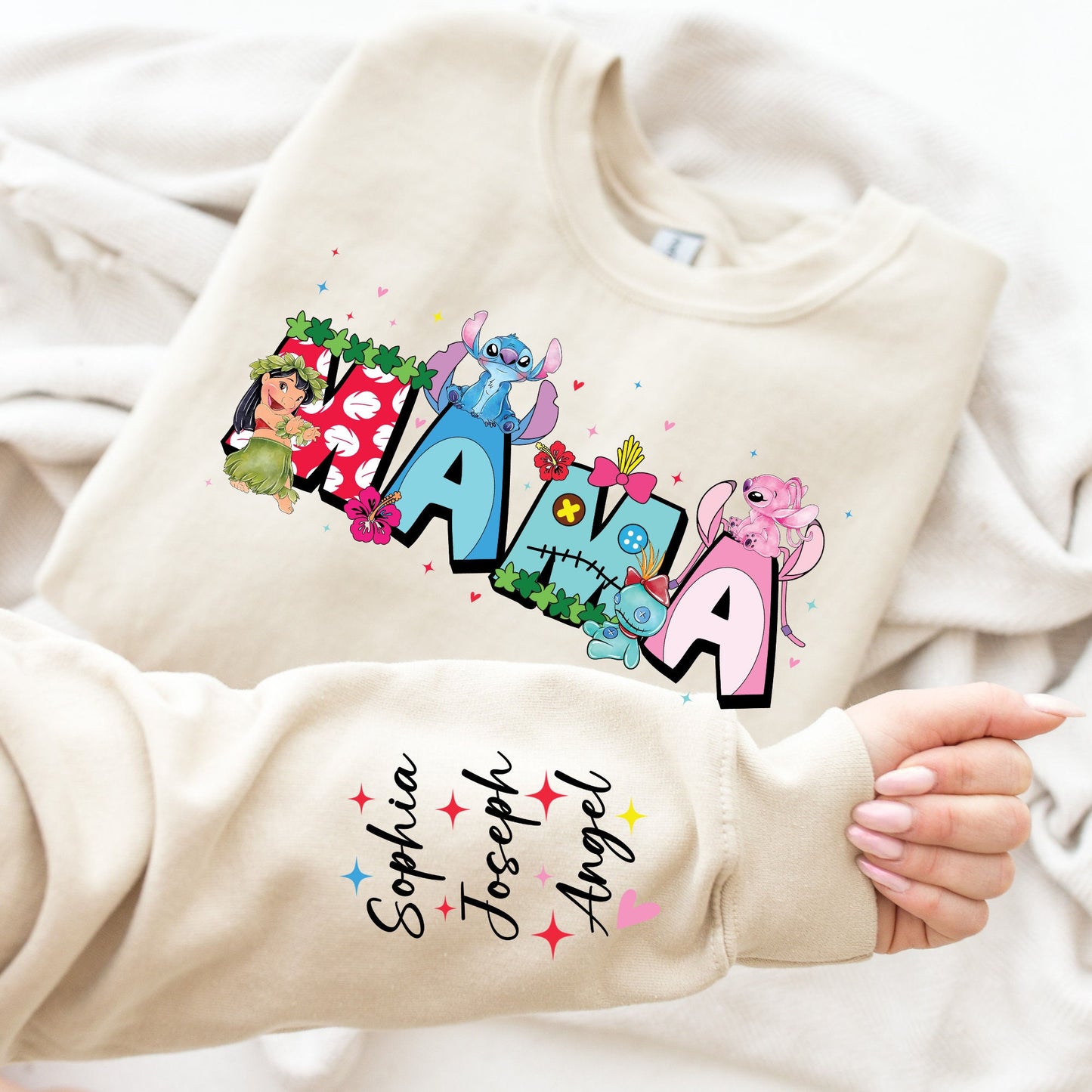 Custom Mama Est with Kid Name on Sleeve Sweatshirt, Mother's Day Sweatshirt Gift For Mom, Lilo and Stitch Mama Shirt