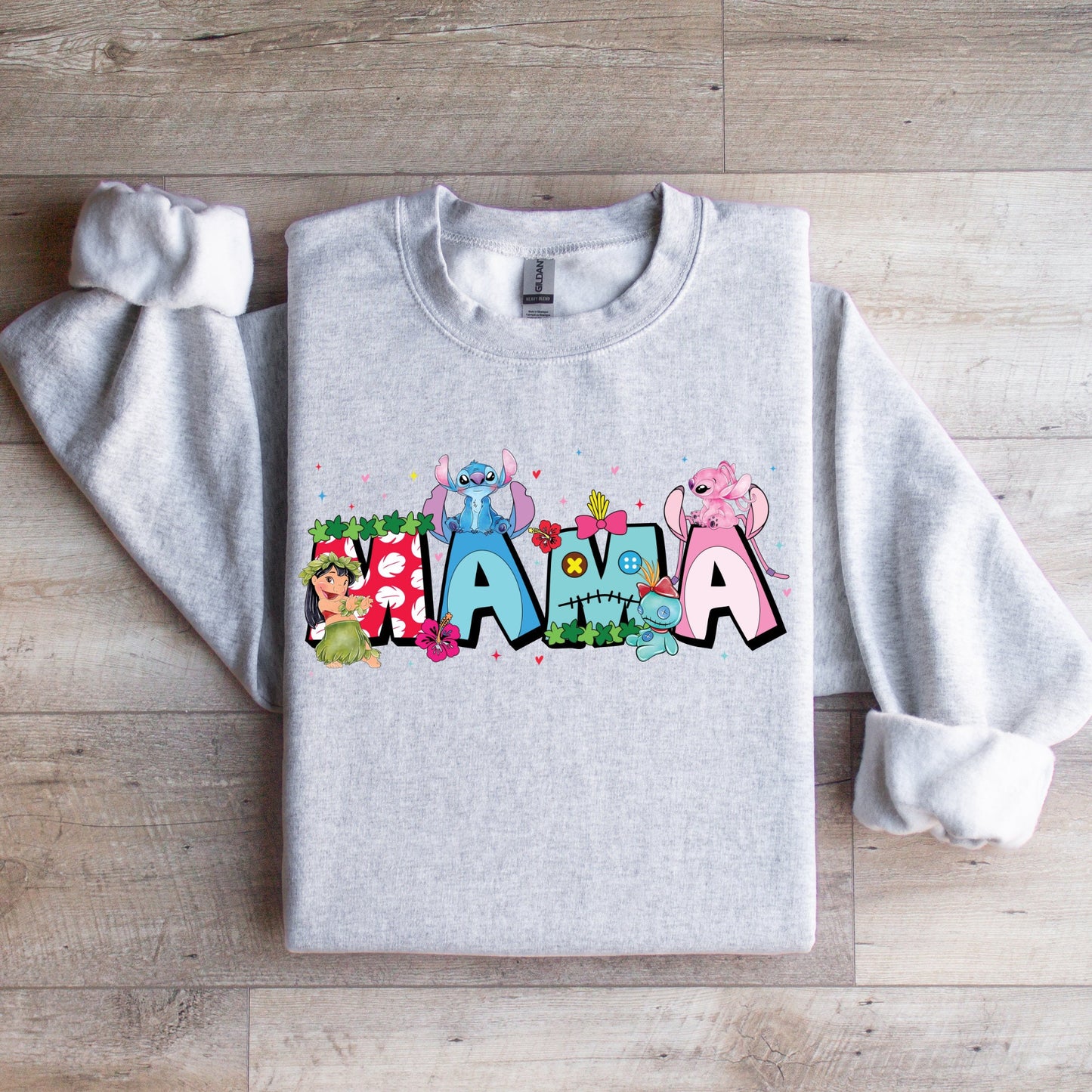 Custom Mama Est with Kid Name on Sleeve Sweatshirt, Mother's Day Sweatshirt Gift For Mom, Lilo and Stitch Mama Shirt