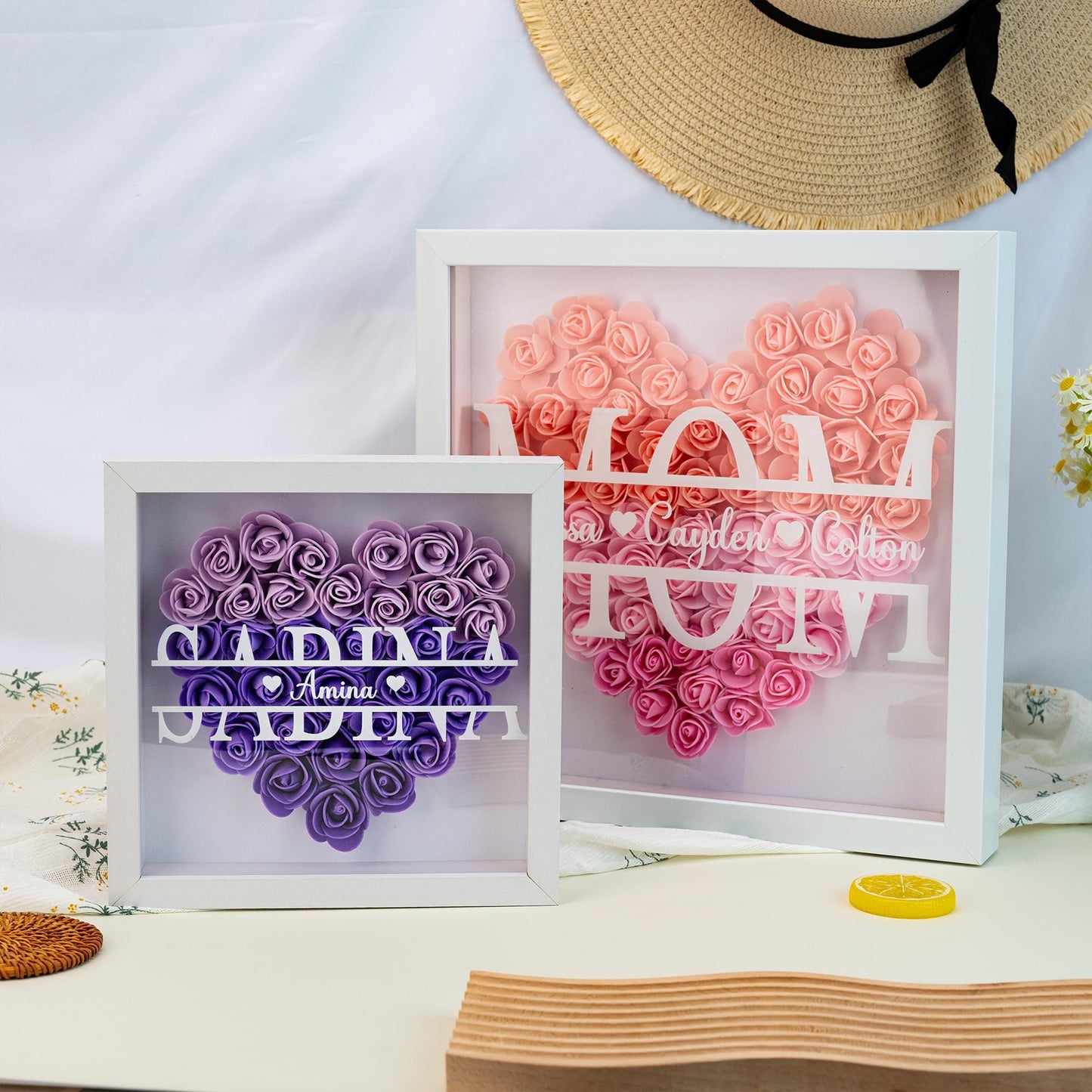 Personalized Flower Heart Shadow Box , Custom Name Rose Frame , Flower Shadowbox For Mom