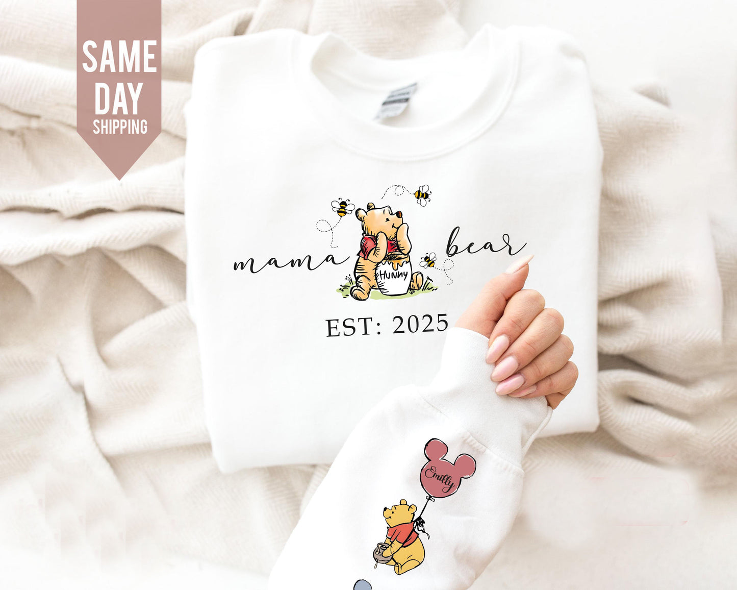 Custom Mama Bear Sweatshirt, Mama Est with Kid Name on Sleeve Sweatshirt