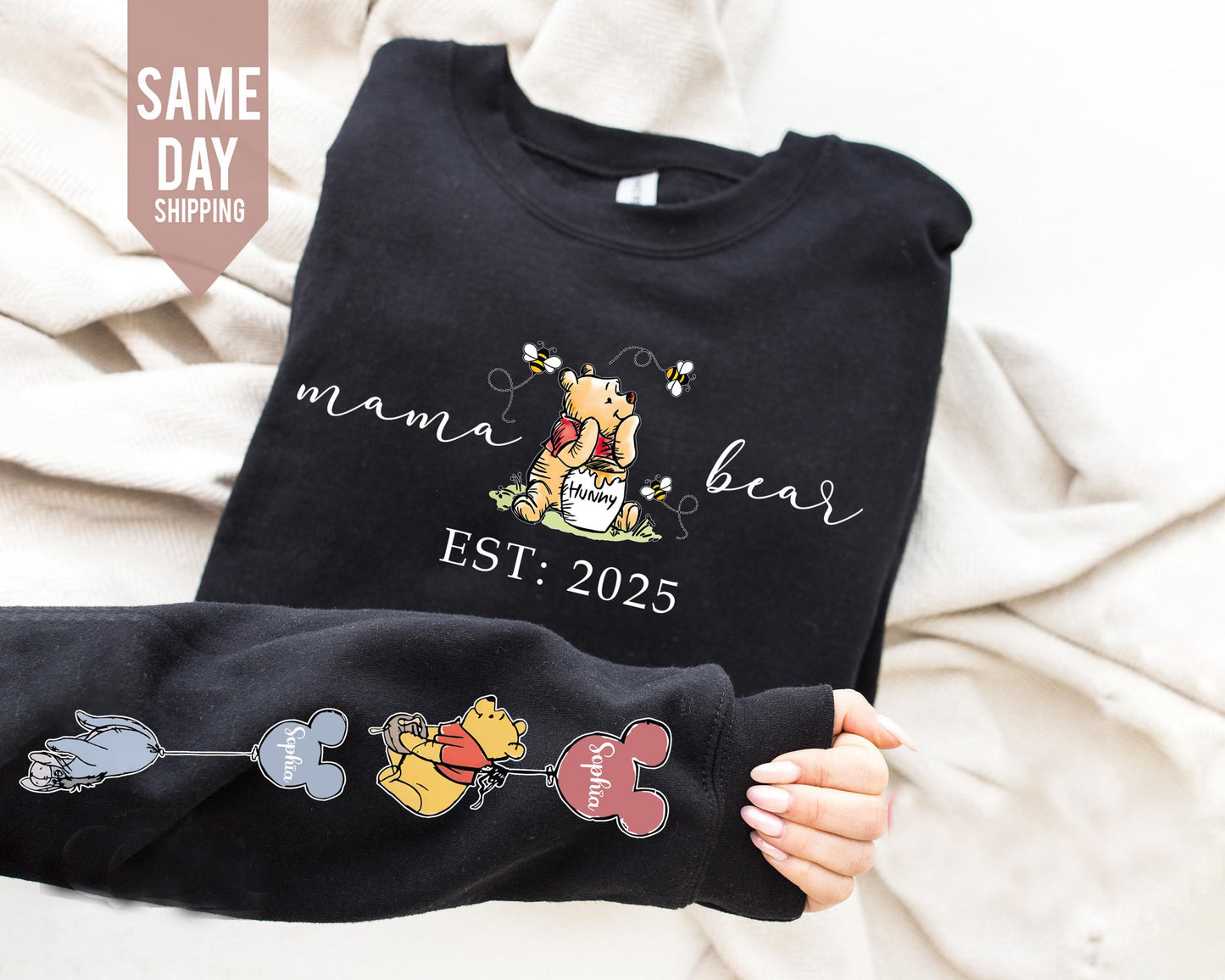 Custom Mama Bear Sweatshirt, Mama Est with Kid Name on Sleeve Sweatshirt