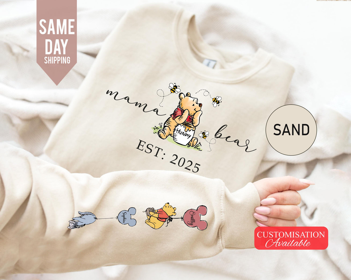 Custom Mama Bear Sweatshirt, Mama Est with Kid Name on Sleeve Sweatshirt