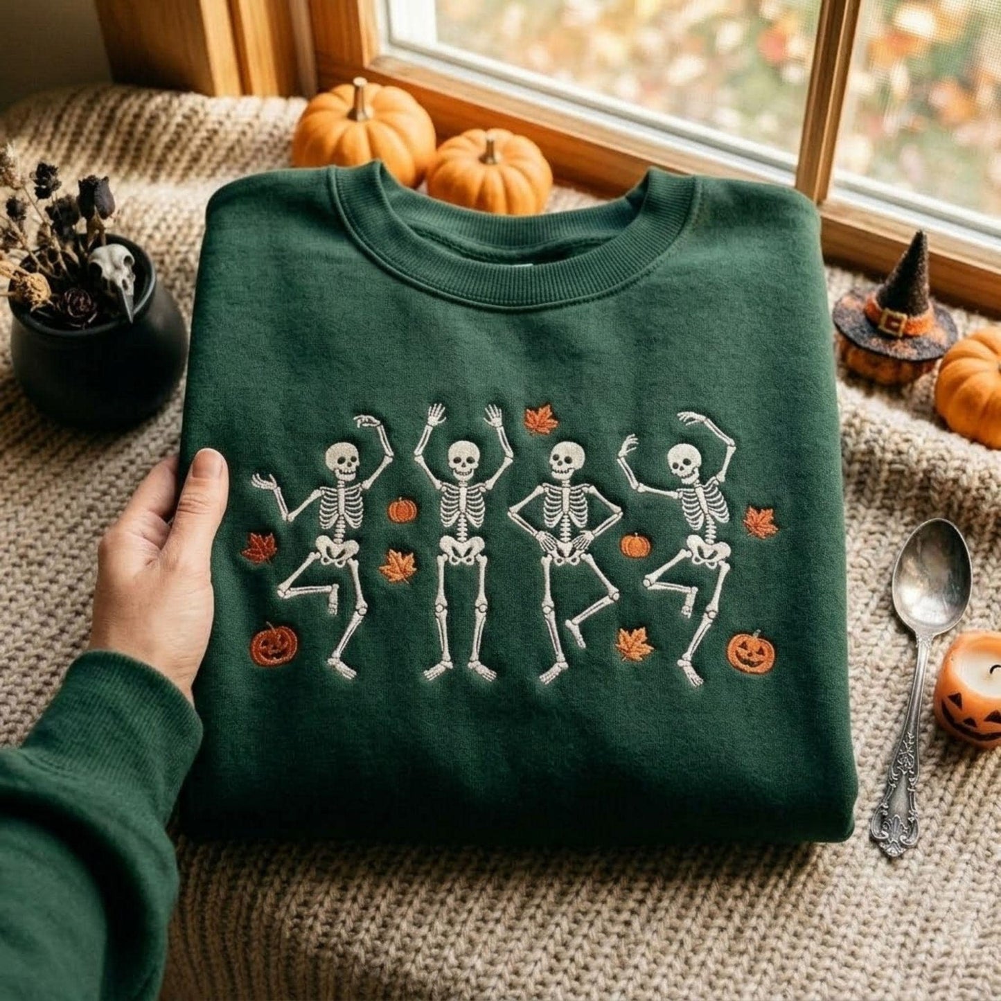 Halloween Dancing Skeletons Embroidered Sweatshirt