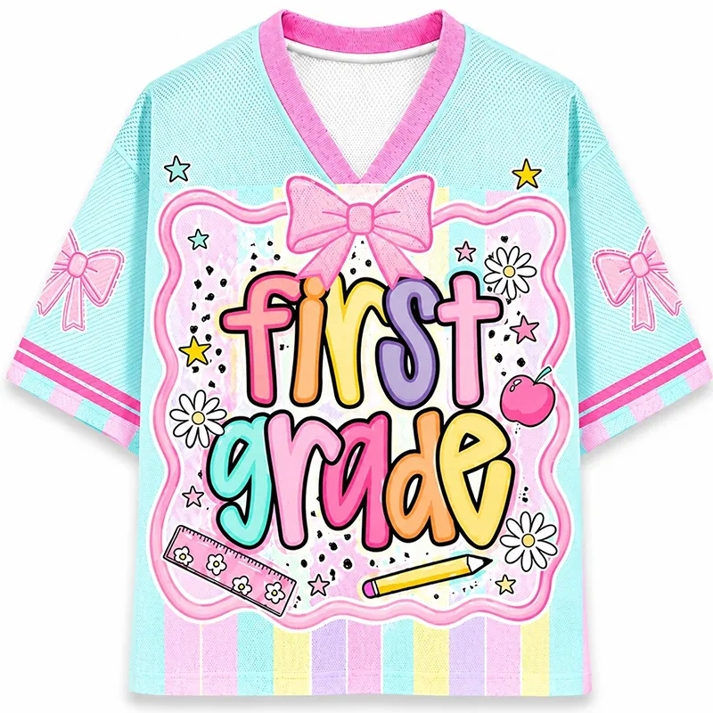 Personalized Grade And Name Coquette Bow Colorful Stripes Teacher Mesh Jersey