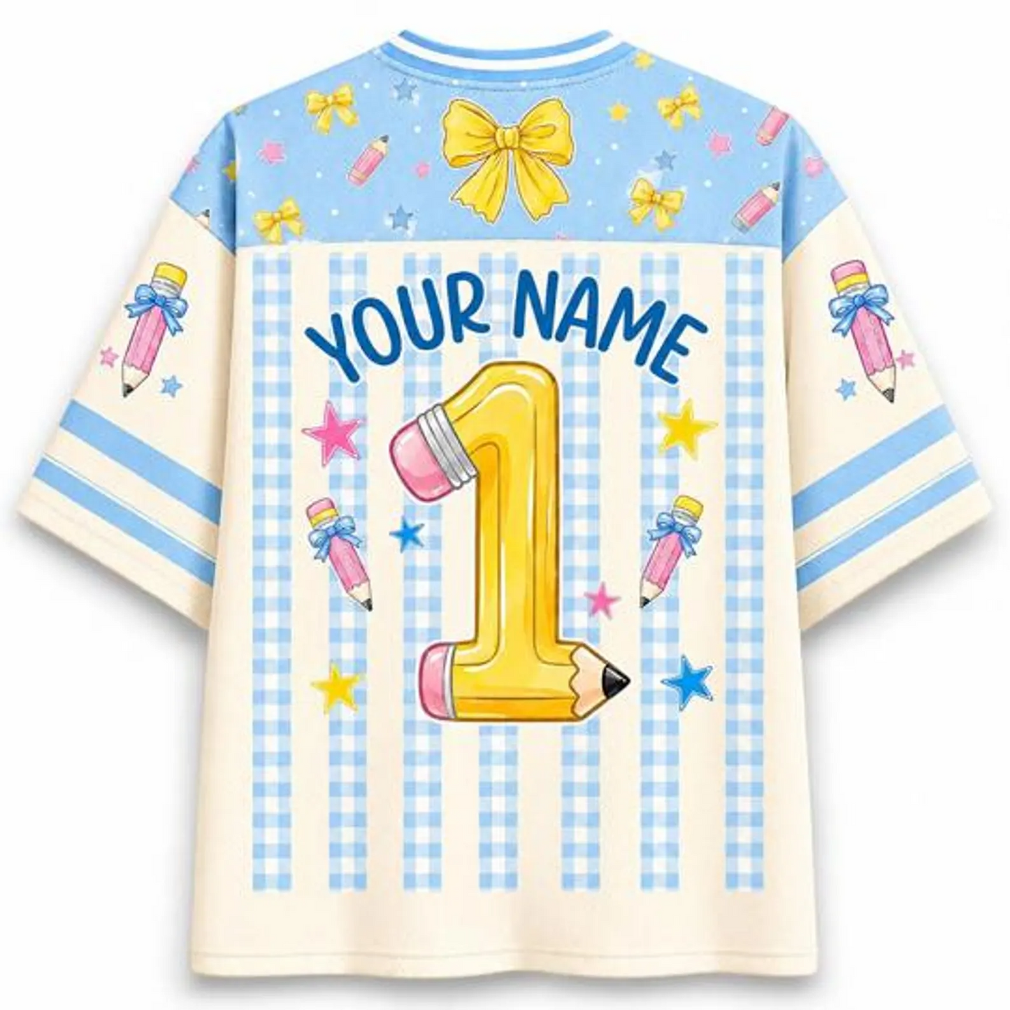 Personalized Grade And Name Gingham Stripes Pencil Bow Teacher Mesh Jersey