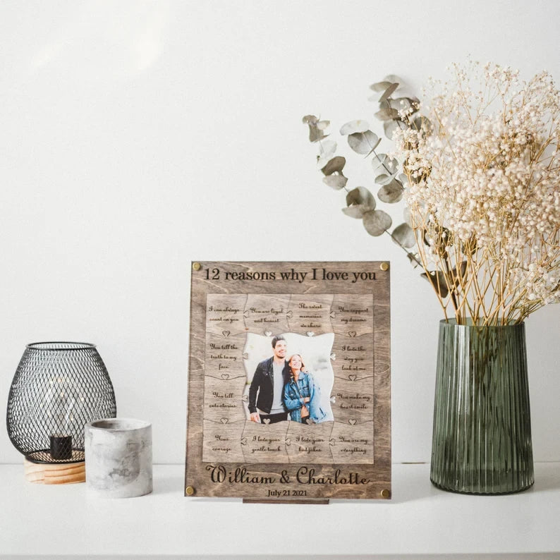 π Personalized 12 Reasons Why I Love You π Wooden Puzzle Piece Collage Frame