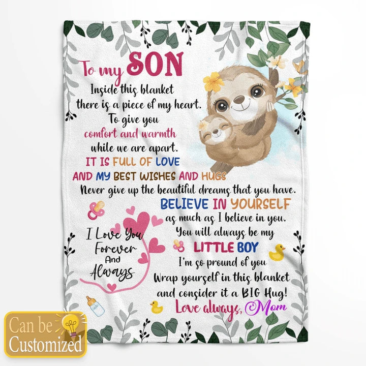 TO MY SON CUTE SLOTH PERSONALIZED BLANKET