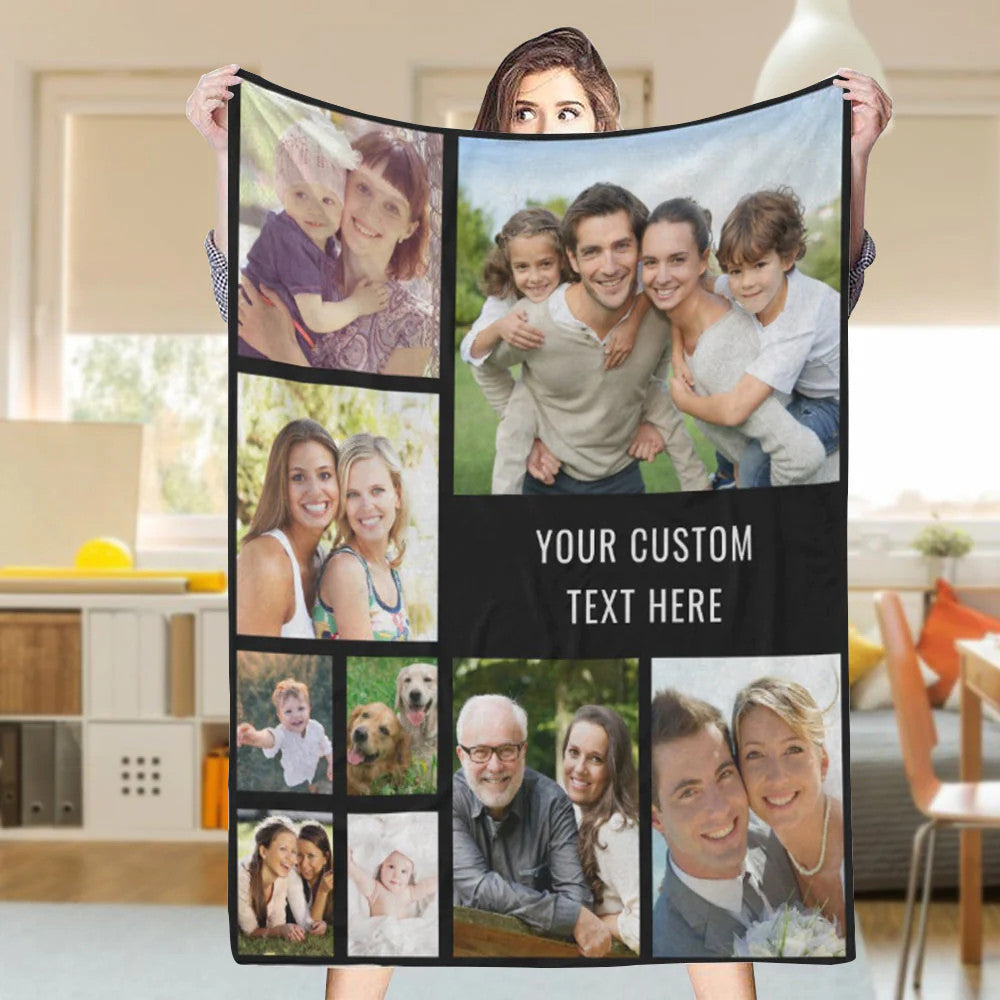 Custom 9 Photos Text Black Blanket Gift for Him/Her