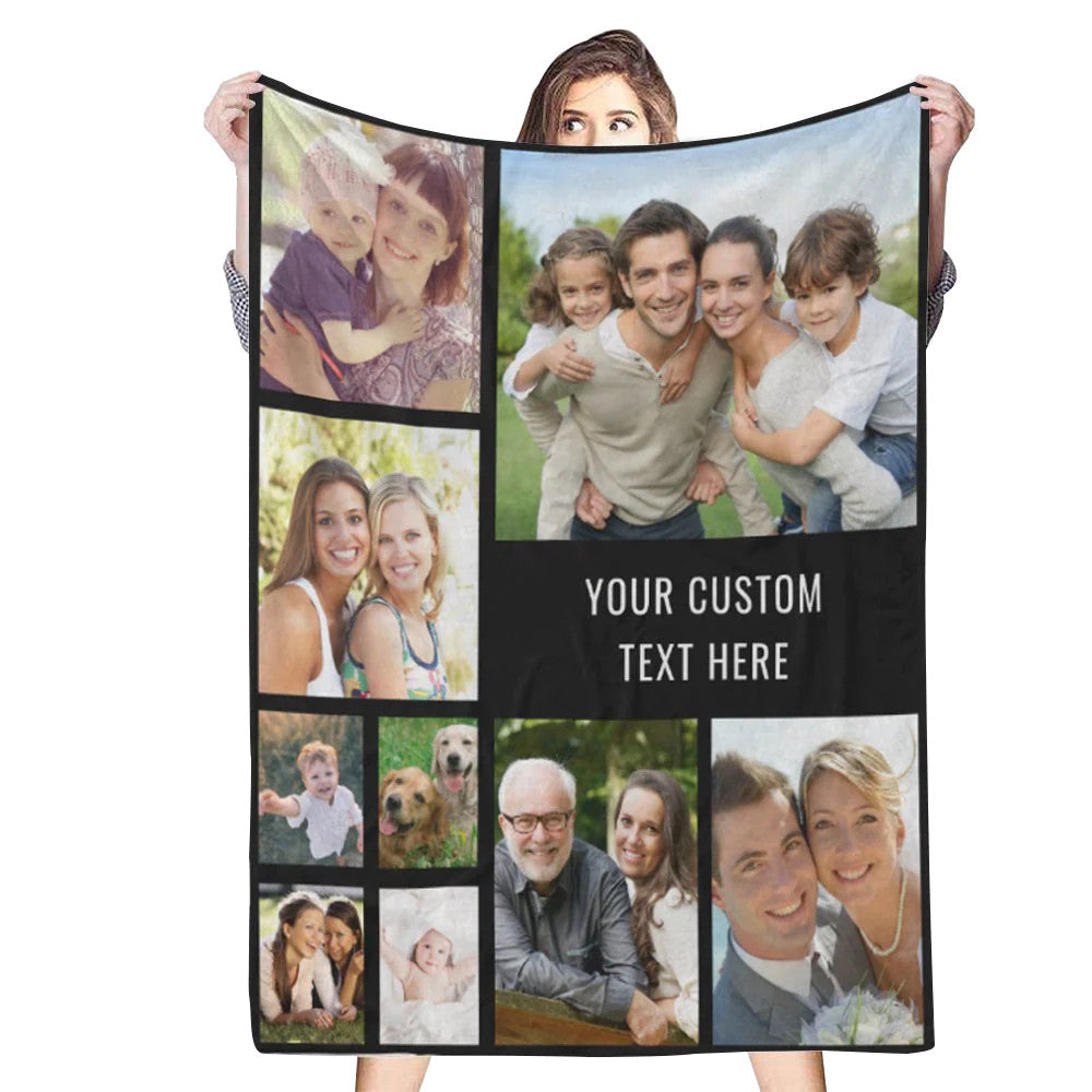 Custom 9 Photos Text Black Blanket Gift for Him/Her