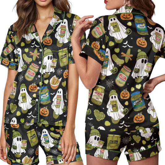 Halloween Pickles Print Satin Pajamas Set