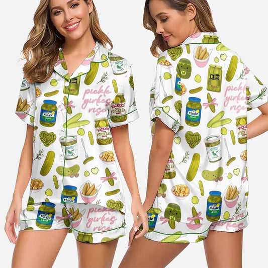 Women's Pickle Print Satin PajamaTs Set