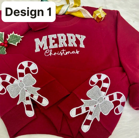 Merry Christmas Side Bow Applique Embroidered Sweatshirt