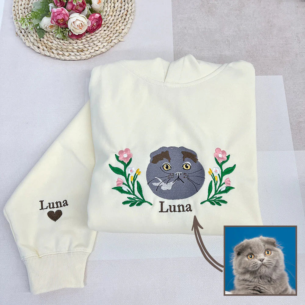 Custom Embroidered Hoodie/Sweatshirt With Pet Portrait Flower