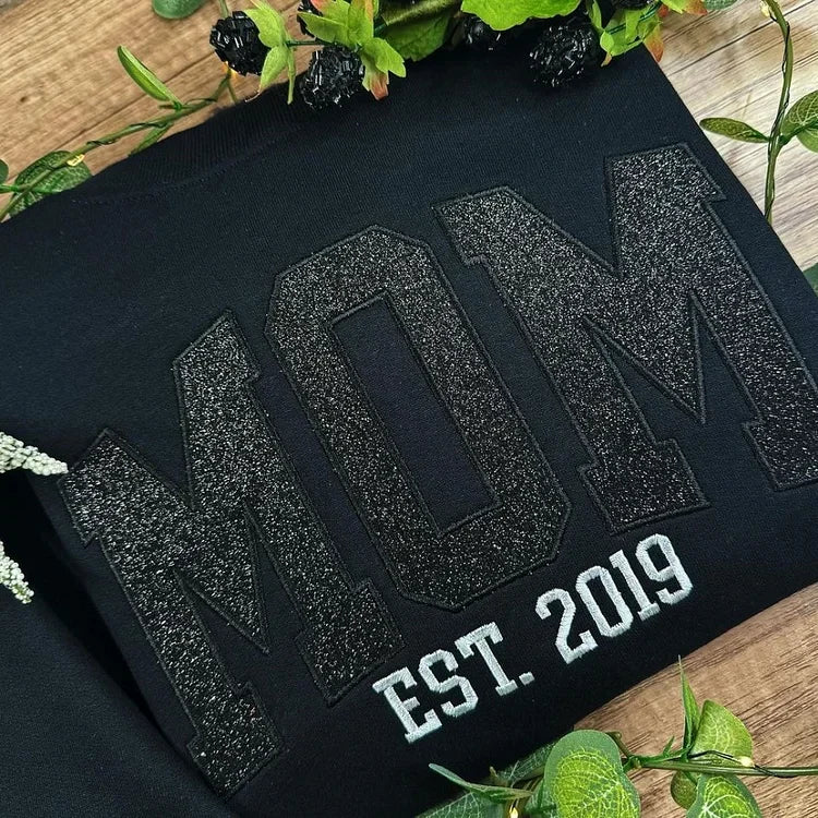 Custom Glitter Embroidered Mama Sweatshirt with Kids Names on Sleeve