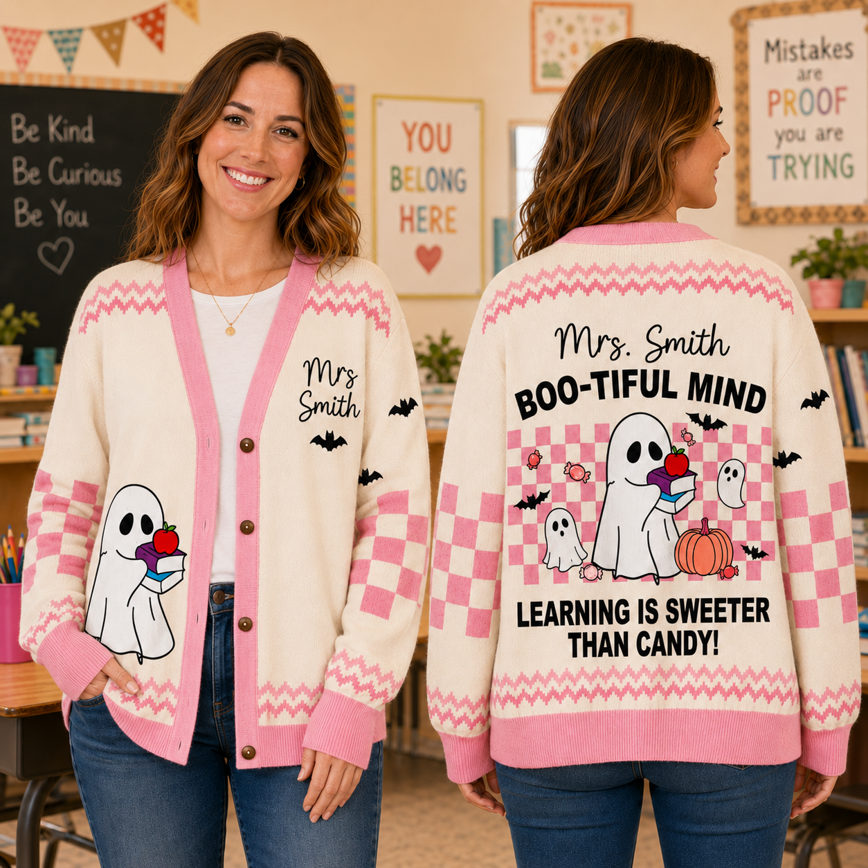 Personalized Teacher Cardigan Sweater-Pink Bookish Ghost Vintage
