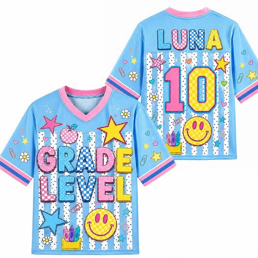 Striped Blue Back To School Smiley Teacher Mesh Jersey