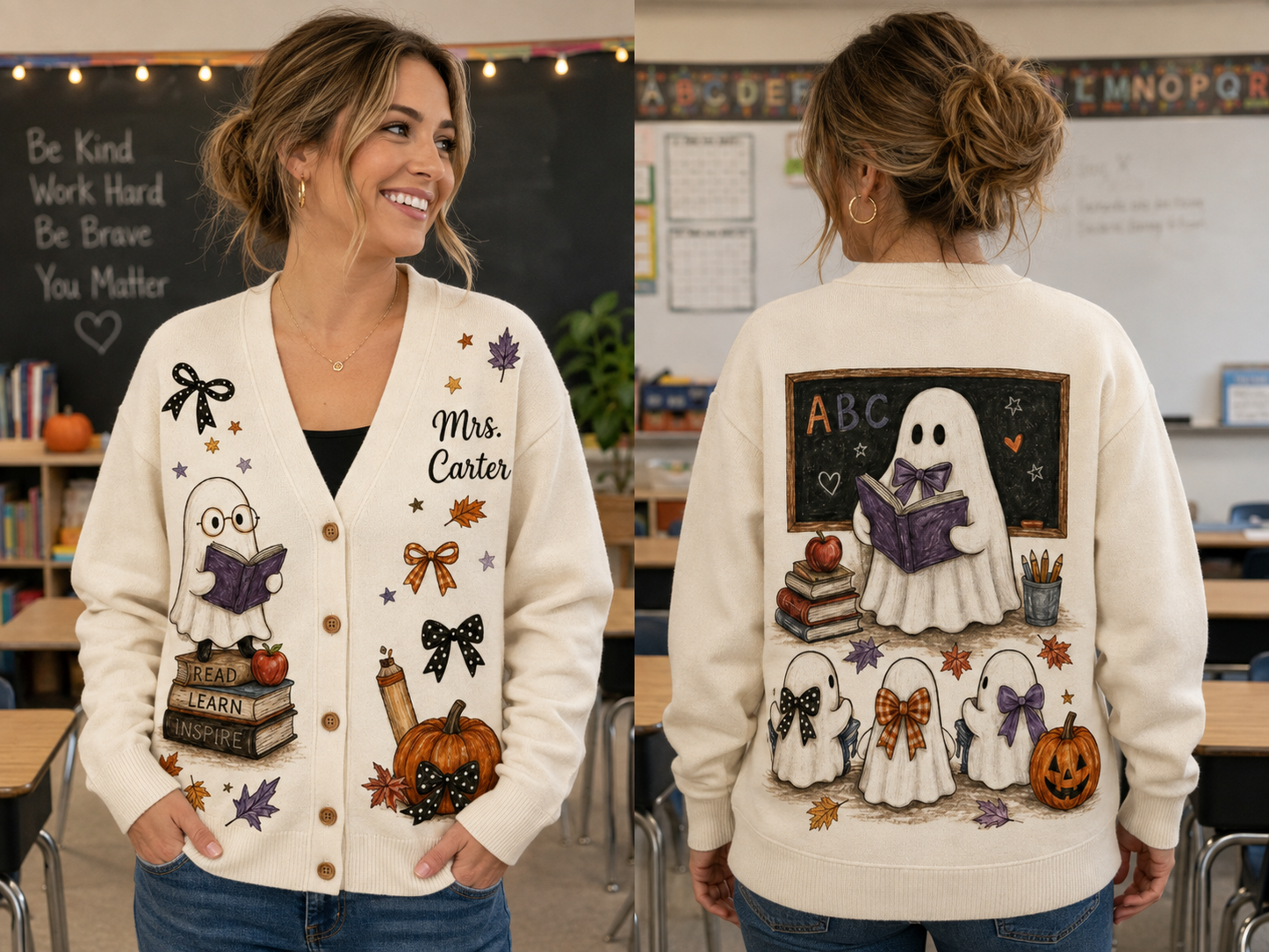 Personalized Teacher Cardigan Sweater-Halloween Reading Ghost