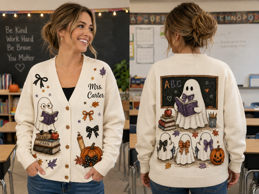 Personalized Teacher Cardigan Sweater-Halloween Reading Ghost