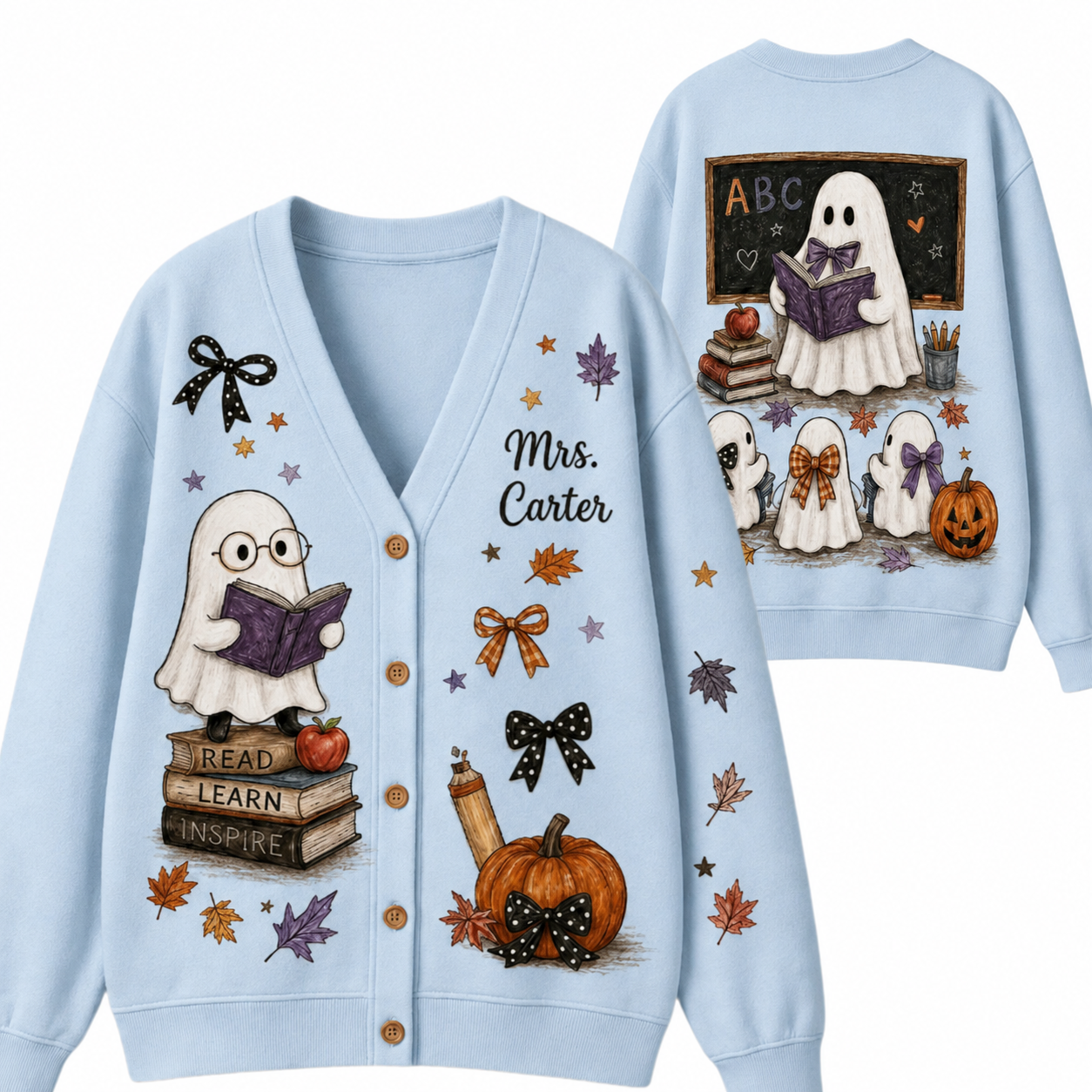 Personalized Teacher Cardigan Sweater-Halloween Reading Ghost