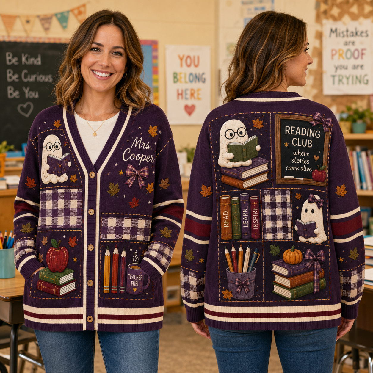 Personalized Teacher Cardigan Sweater-Cute Bookworm Ghost Autumn Halloween