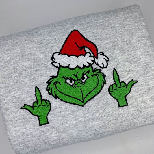 Grinch Middle Finger Holiday  Embroidered Sweatshirt