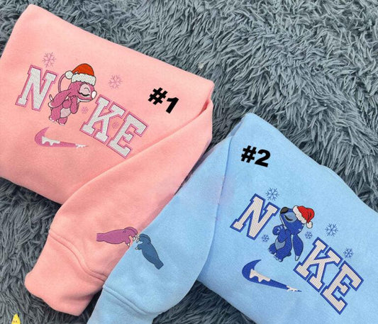 Stitch And Angel Couple Christmas Embroidered Sweatshirt