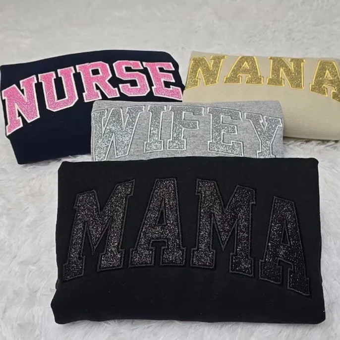 Custom Glitter Embroidered Mama Sweatshirt with Kids Names on Sleeve